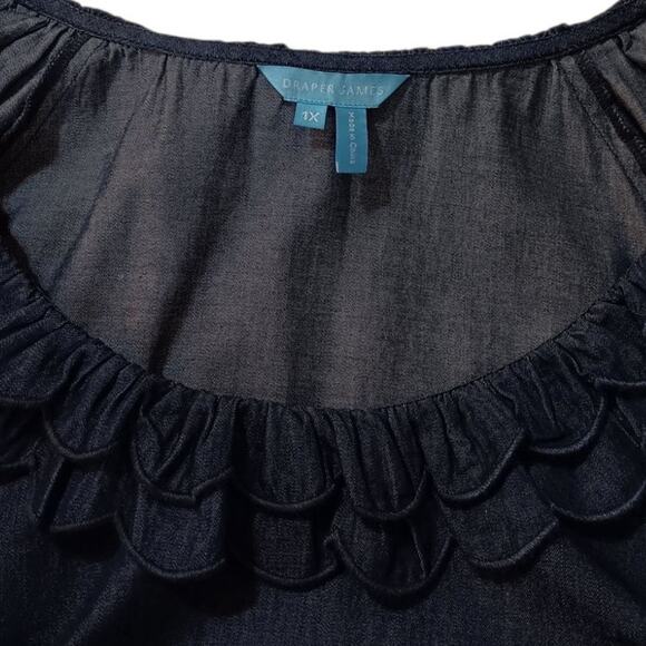 $118 NEW DRAPER JAMES Chambray Denim Peasant Top Blouse 1X Ruffle Boho Feminine - Picture 7 of 12